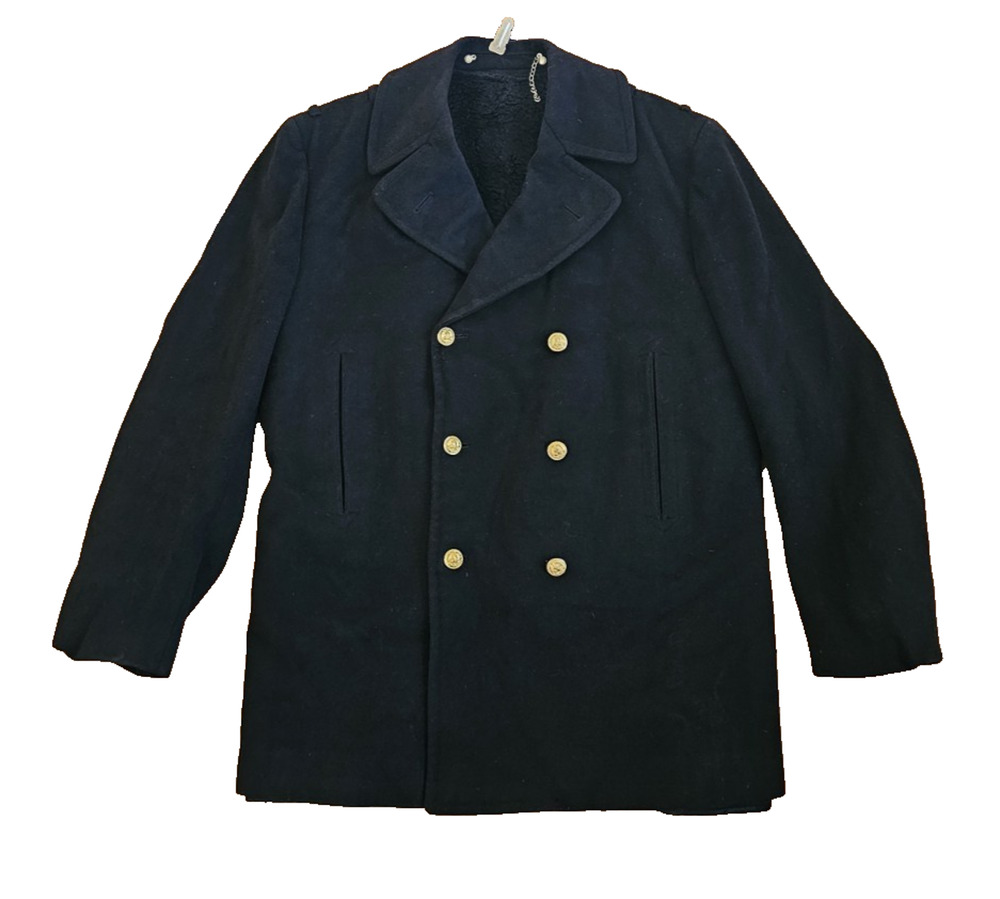US Naval Academy USN Wool PeaCoat Sz 44 Black Lined Pea Coat Thorngate 1980s